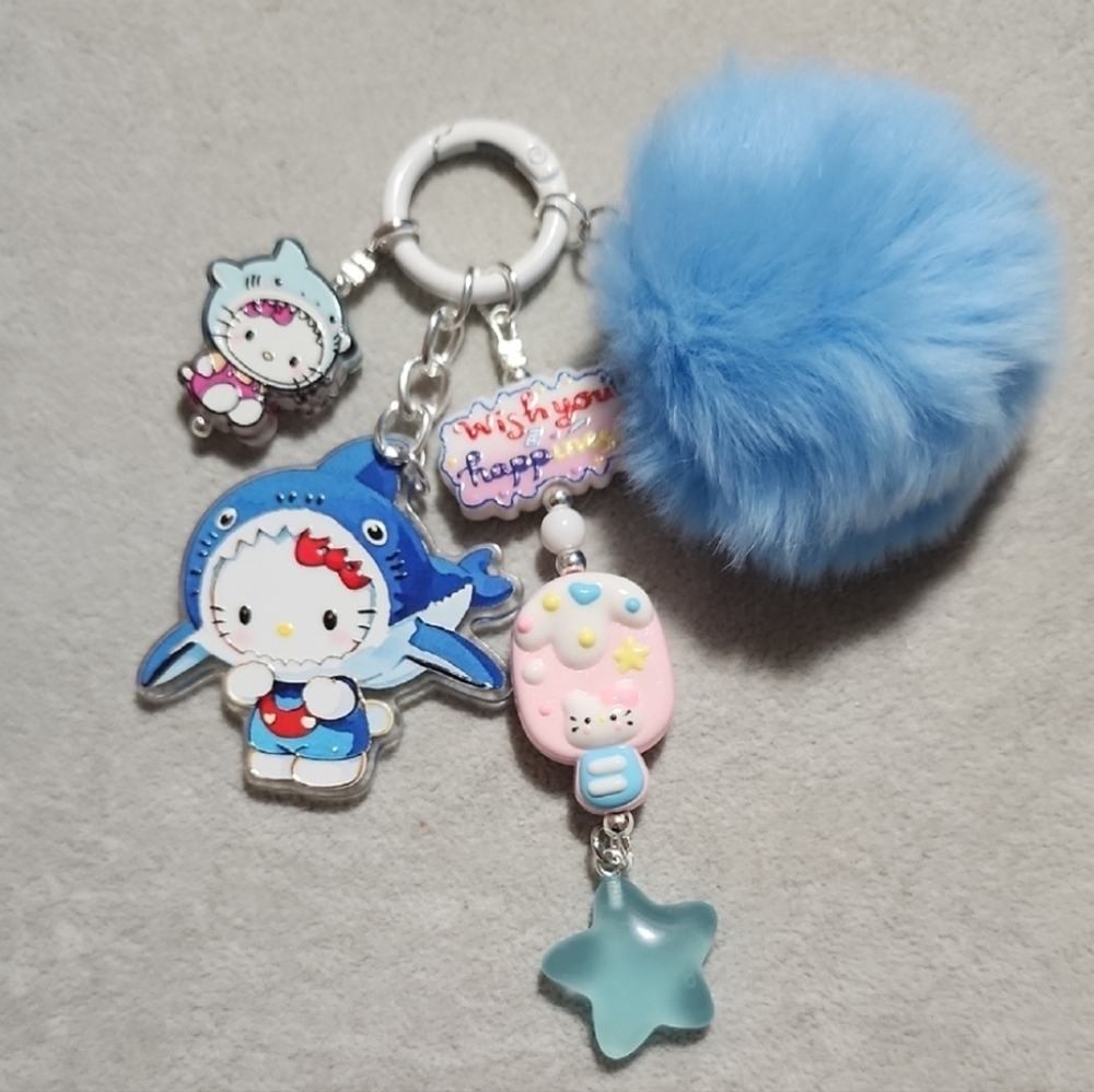 Cute Hello Kitty Blue Pom Pom Keychain with Charms